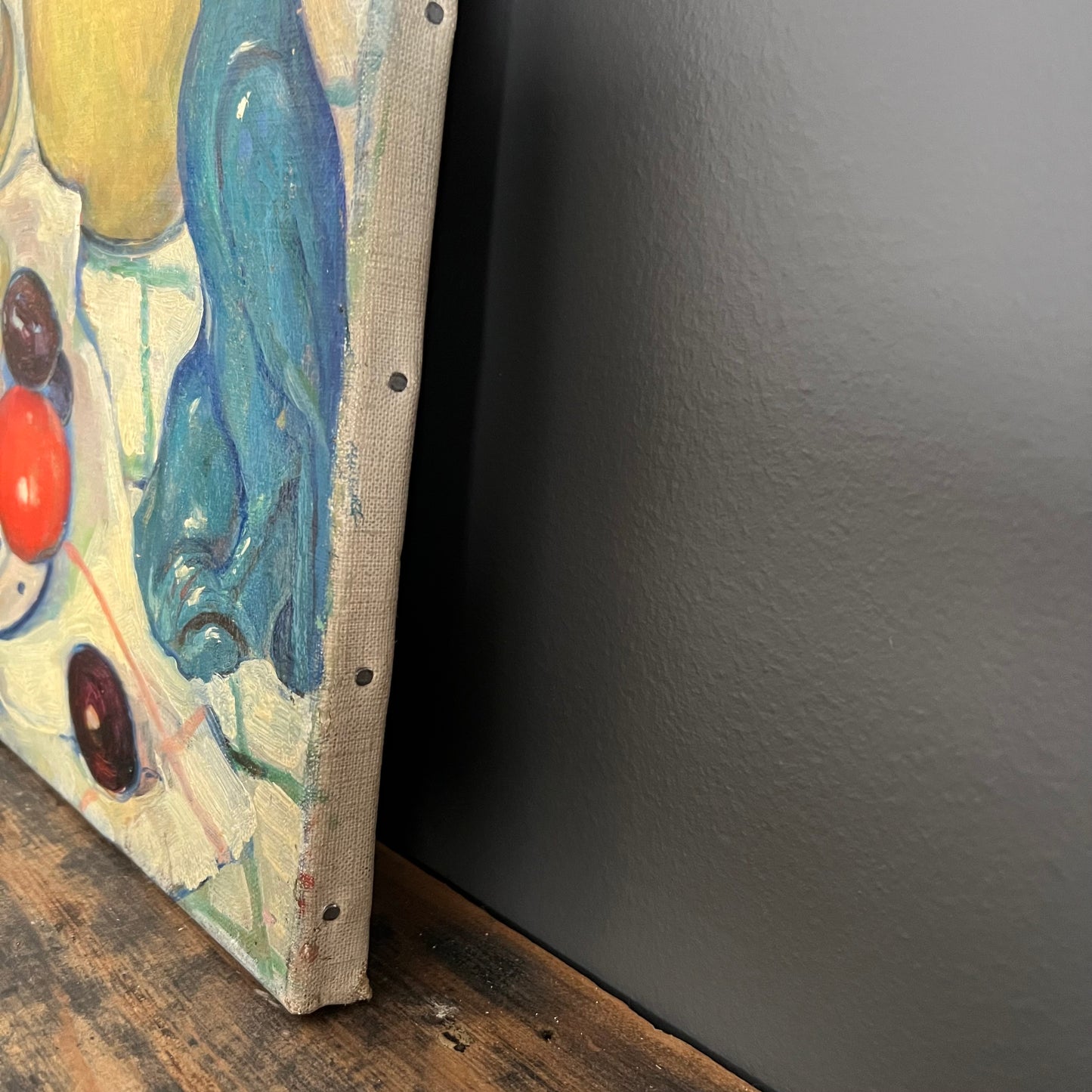 Vintage Painting Still Life Candlestick, Glass and Tomato