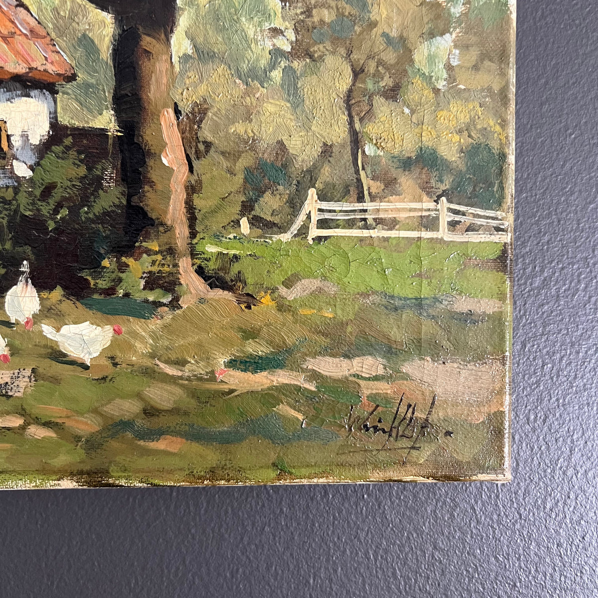 Vintage Original Oil Painting Landscape Cottage with Chickens Dutch