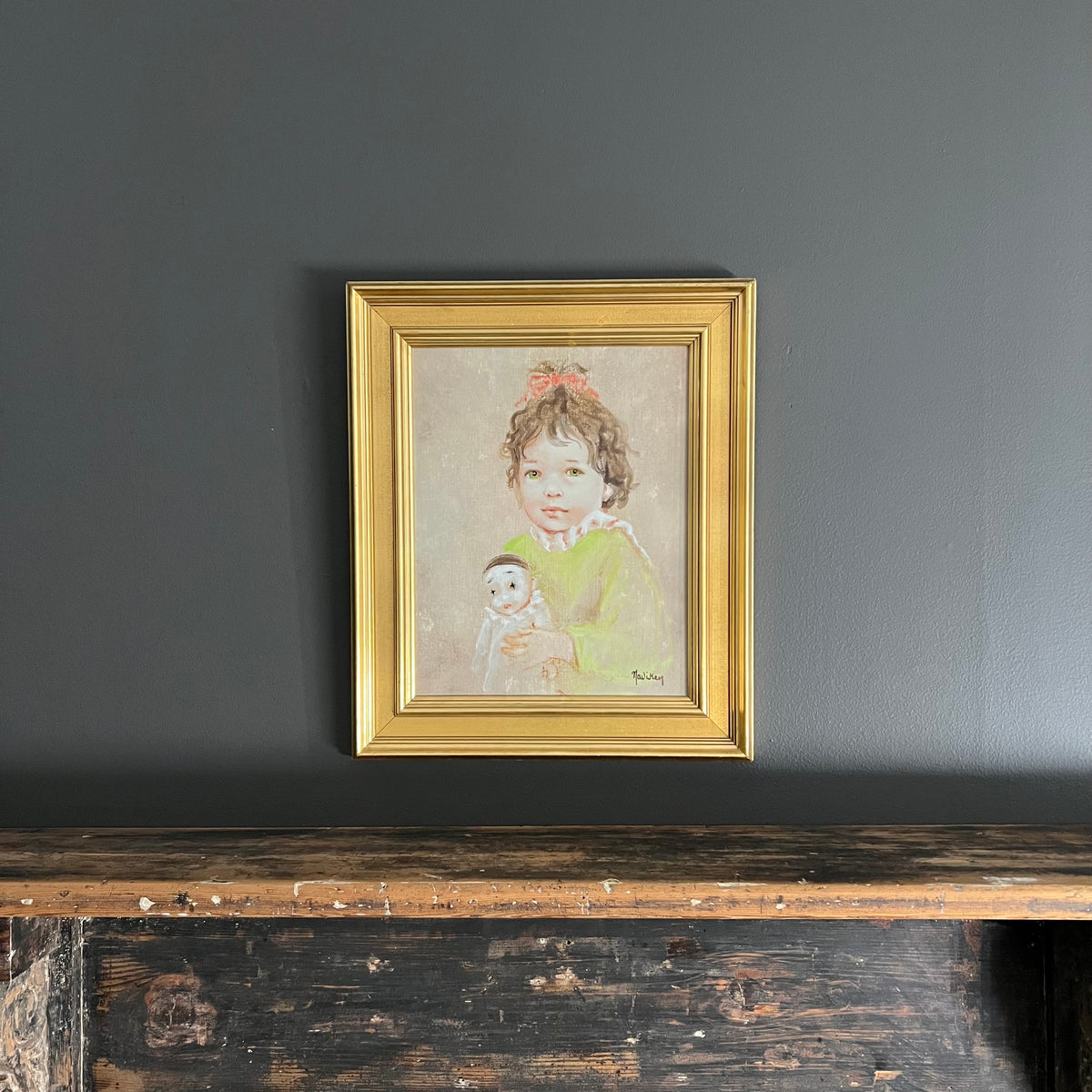 Vintage Original Painting Portrait Girl with her Pierrot Doll