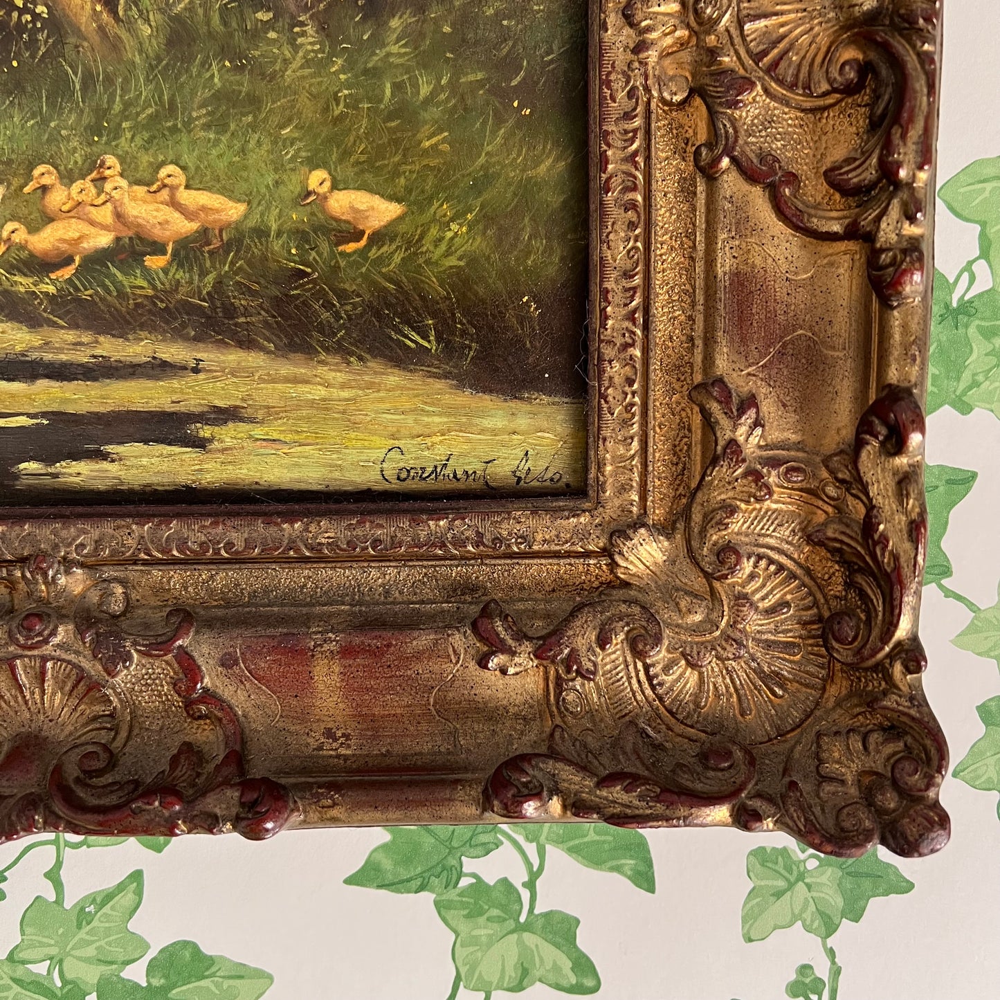 Vintage Oil Painting Landscape Duck Family by a Stream Ornate Frame