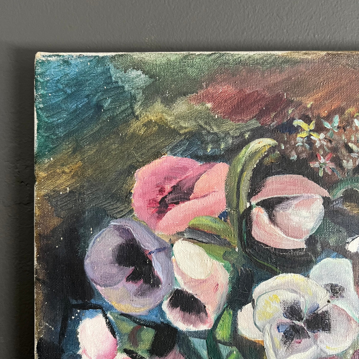 Original Vintage Painting Still Life Floral Pansy Flowers in Bowl