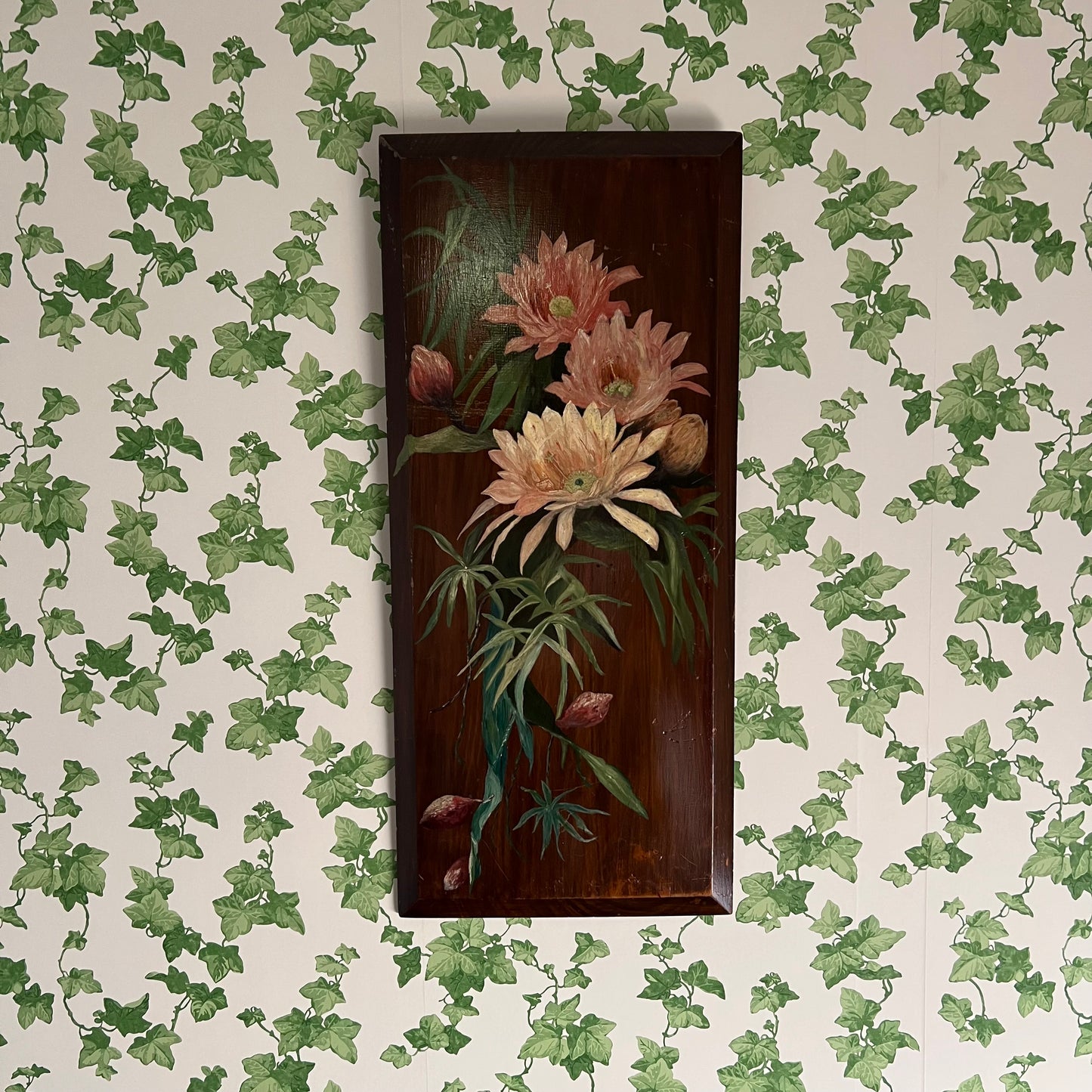 Antique Oil Painting Still Life Pink Flowers & Foliage on Wood