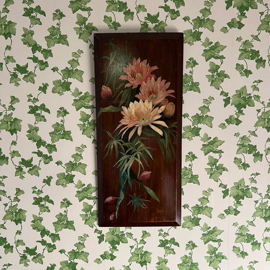 Antique Oil Painting Still Life Pink Flowers & Foliage on Wood