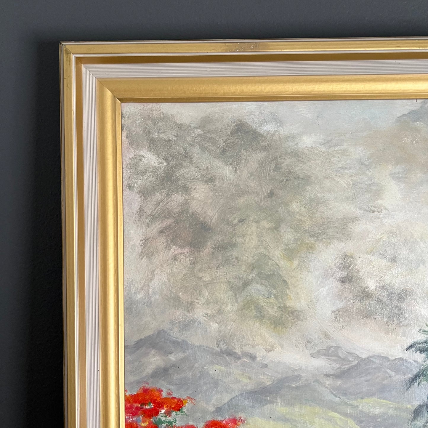 ON SALE was $95 Vintage Painting Tropical Landscape Mid Century Village and Trees