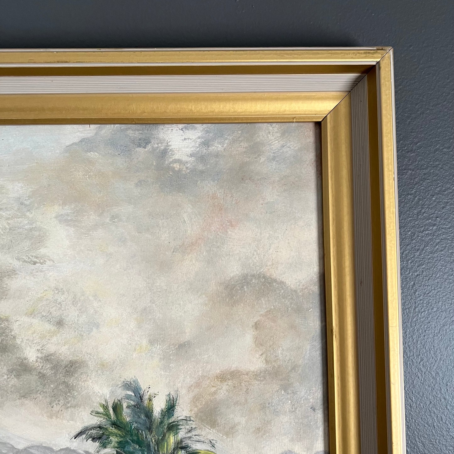 ON SALE was $95 Vintage Painting Tropical Landscape Mid Century Village and Trees