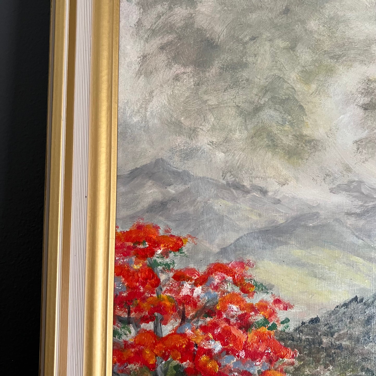 ON SALE was $95 Vintage Painting Tropical Landscape Mid Century Village and Trees