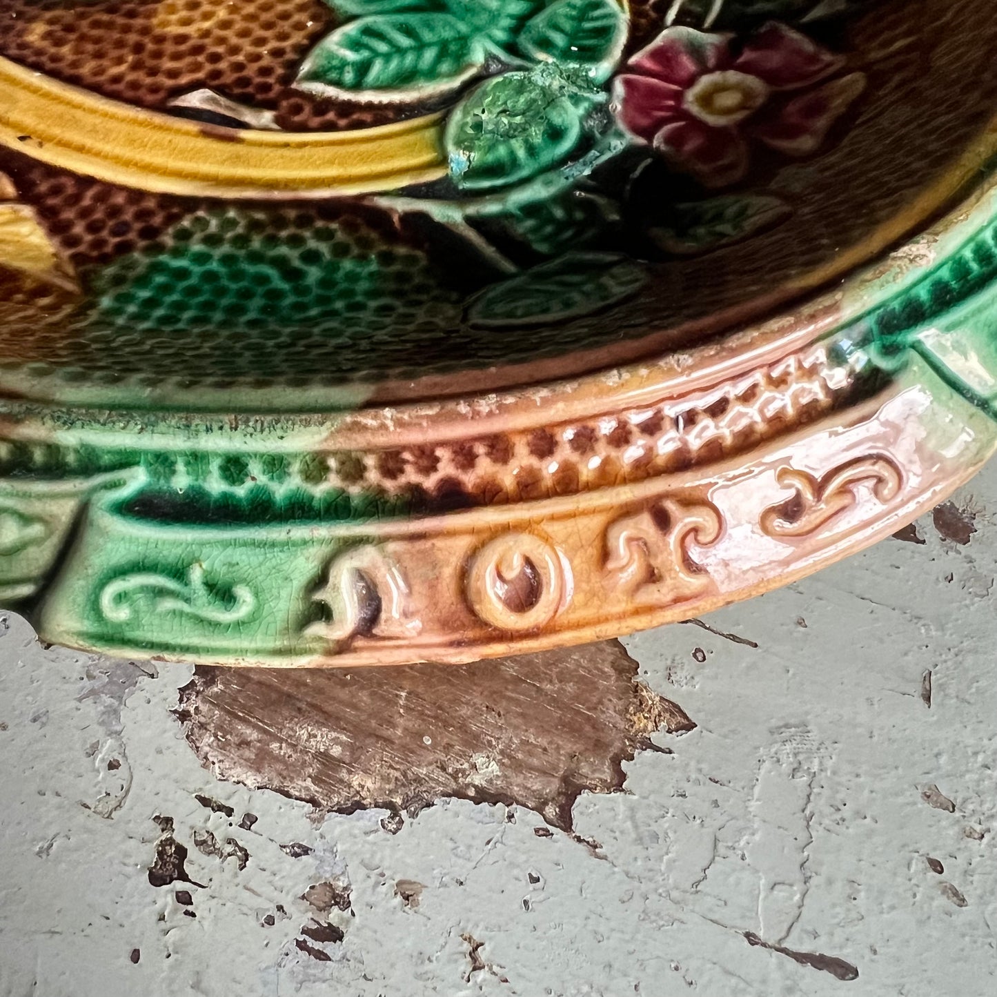 Rare Antique Majolica Bread Plate Dish Waste Not Want Not