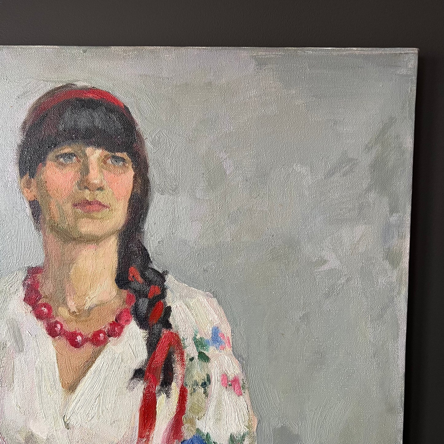 Vintage Oil Painting Portrait Woman wearing Red Beads