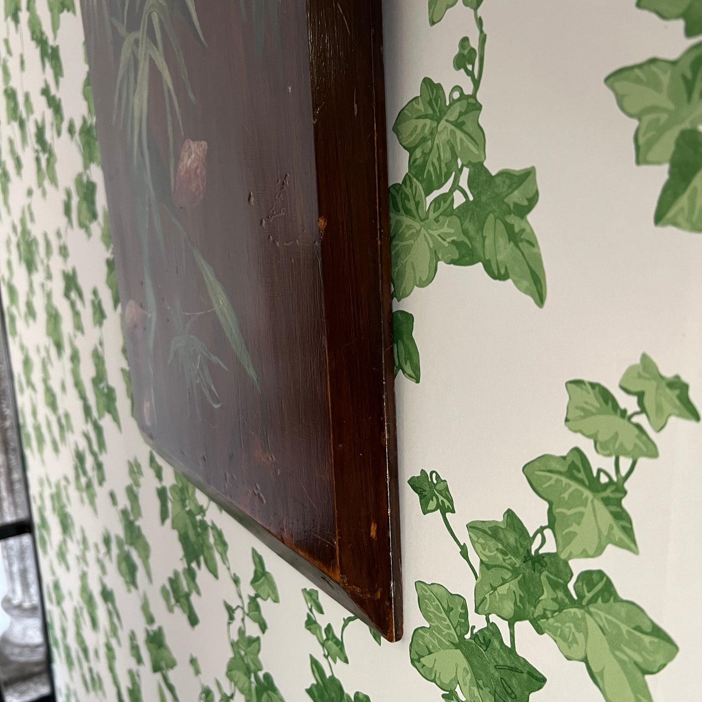 Antique Oil Painting Still Life Pink Flowers & Foliage on Wood