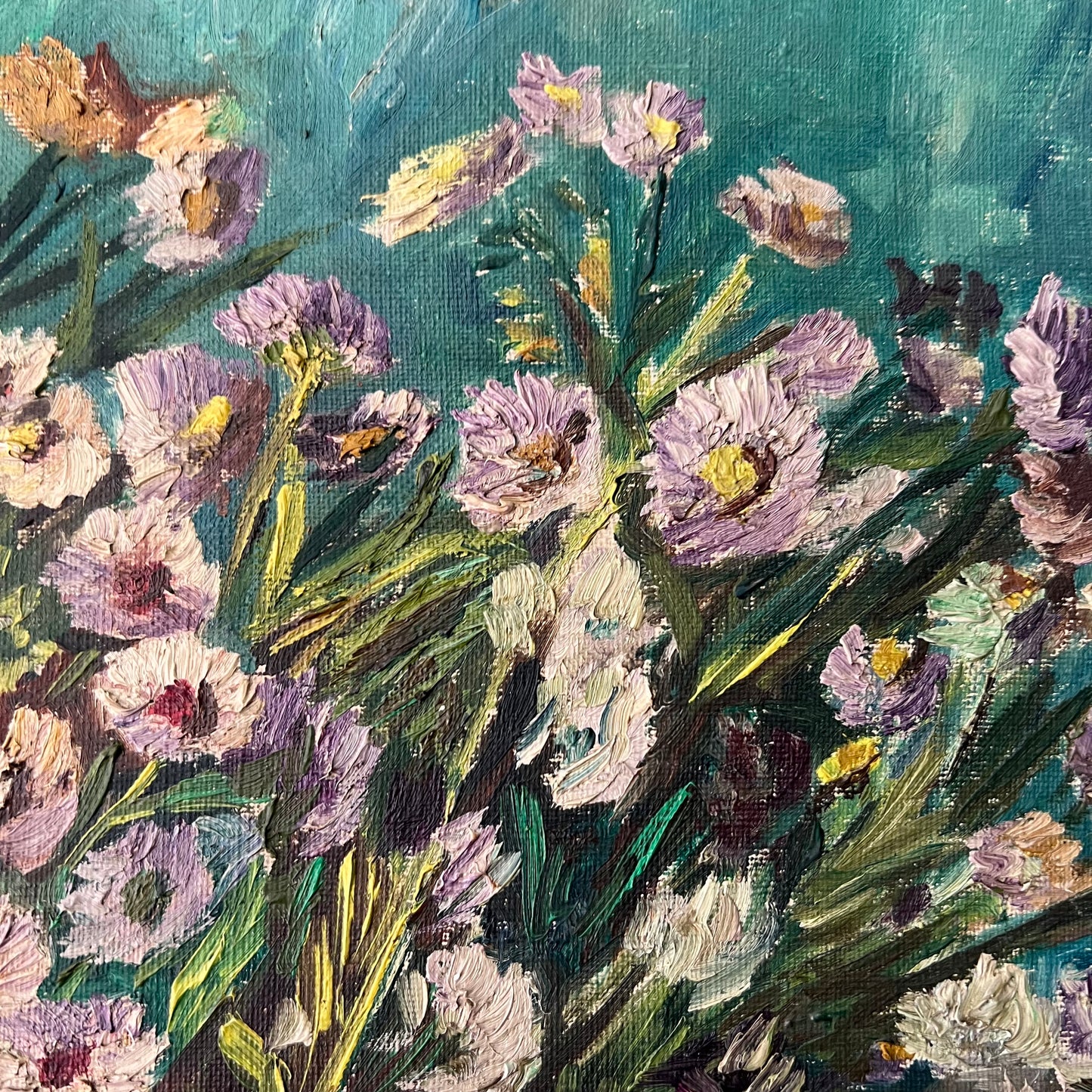 Vintage Oil Painting Daisies in Copper Kettle