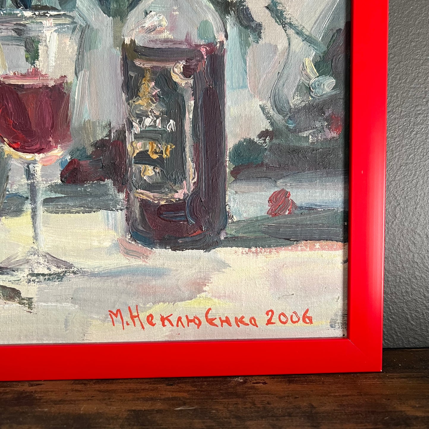 Vintage Painting Still Life Dahlia Flowers and Wine Bottle with Glass