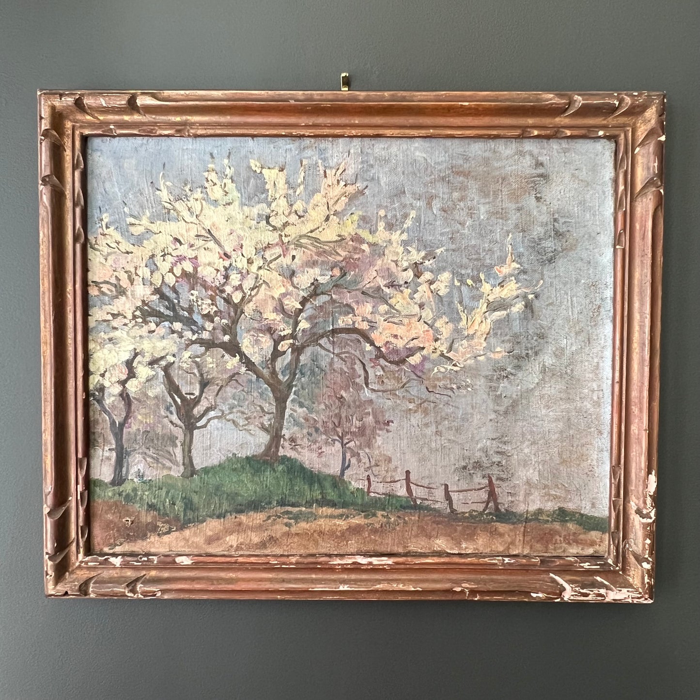 Antique Oil Painting French Landscape A Field of Blossom Trees