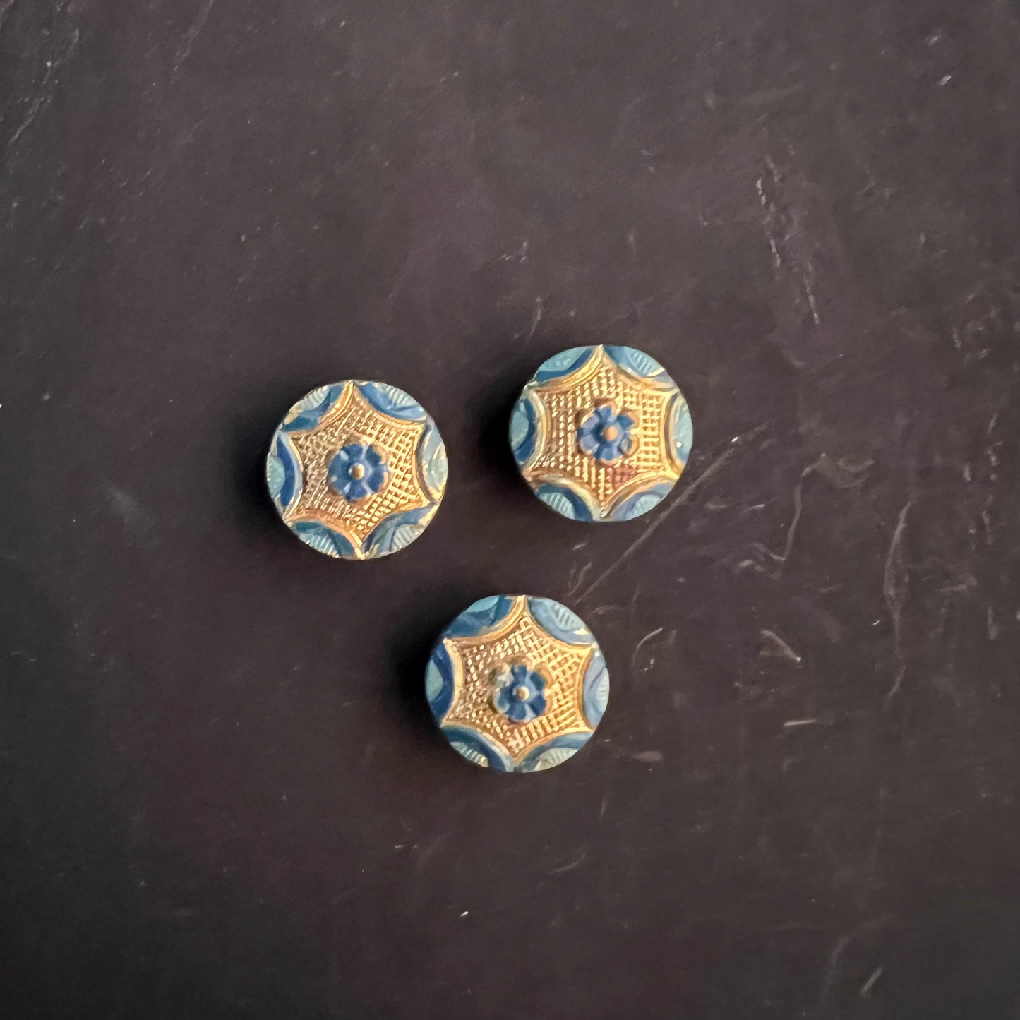 Antique Buttons Blue Daisy Flower Set of 3