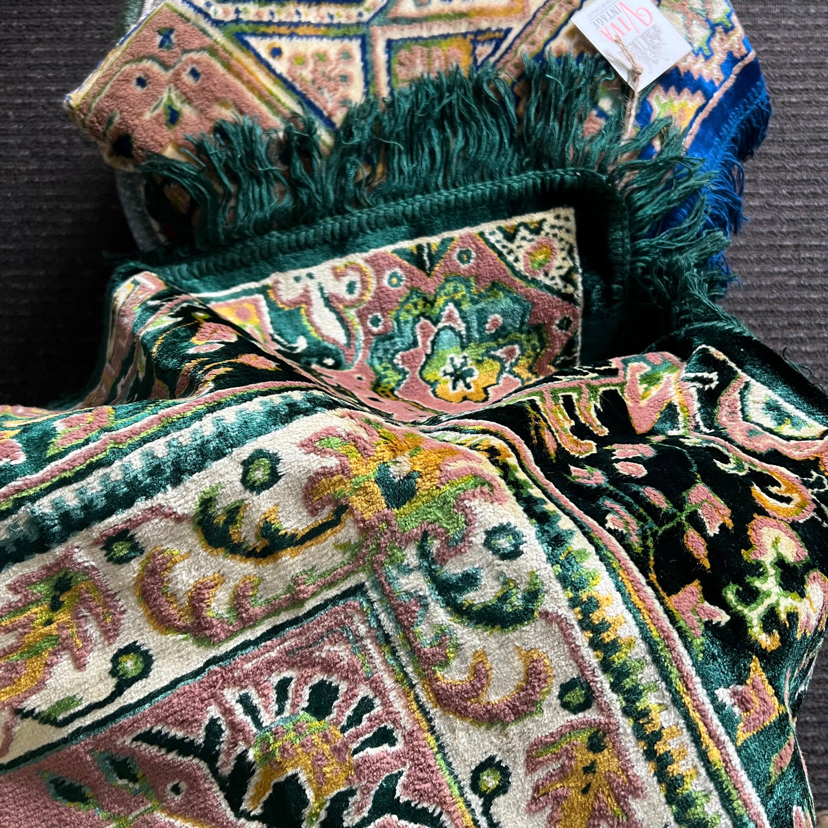 Vintage Velveteen Pattern Throw with Fringe Green