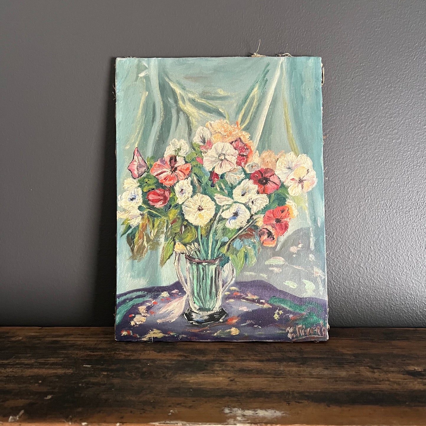 Vintage Oil Painting Still Life Blooms in Vase