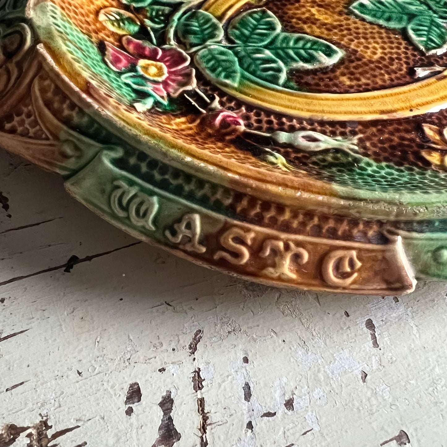 Rare Antique Majolica Bread Plate Dish Waste Not Want Not