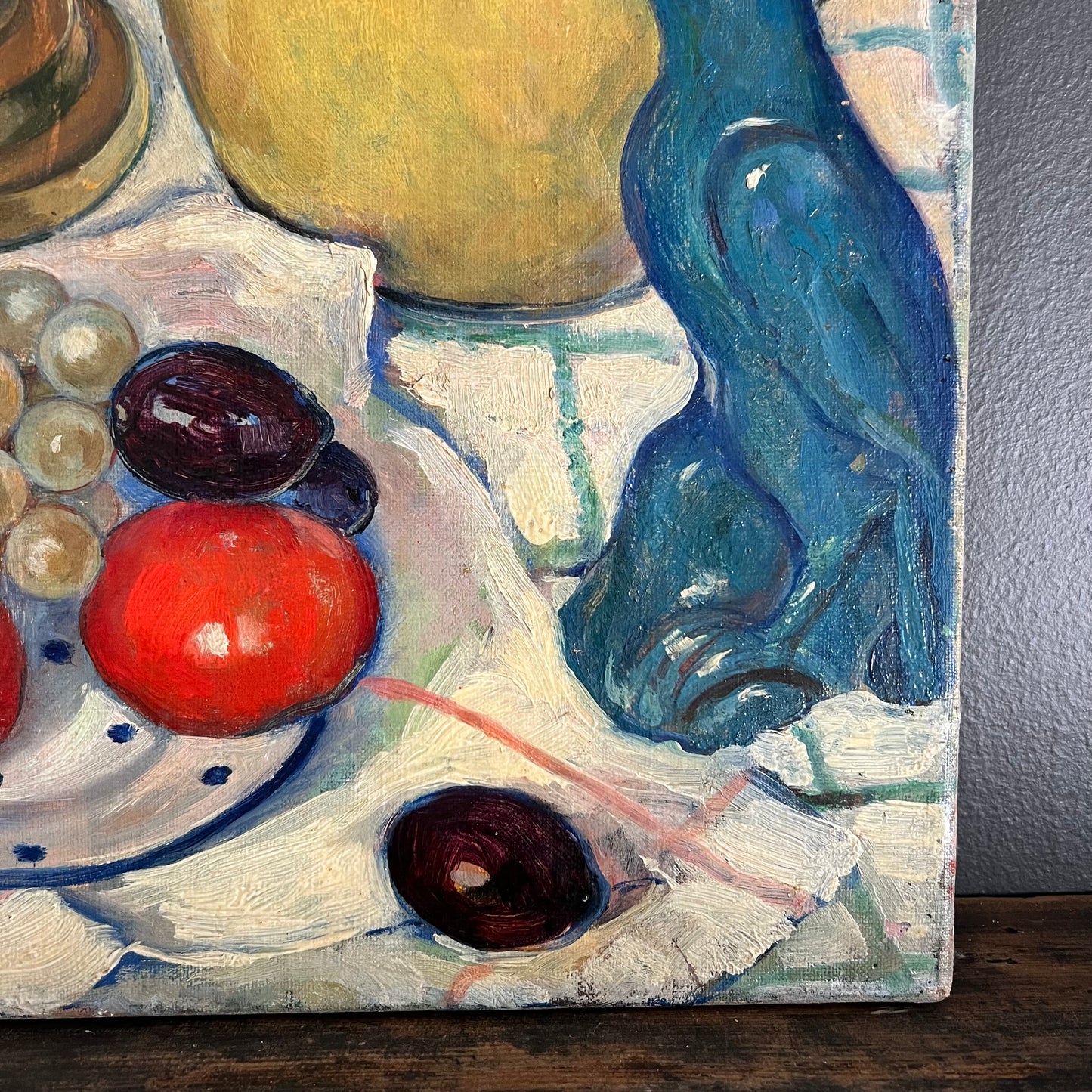 Vintage Painting Still Life Candlestick, Glass and Tomato