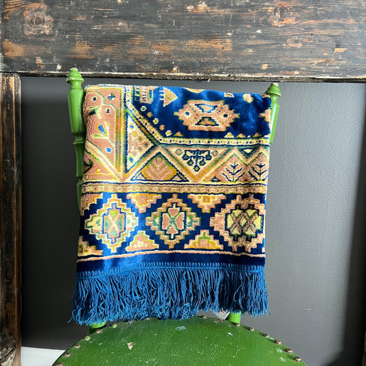 Vintage Velveteen Pattern Throw with Fringe Blue