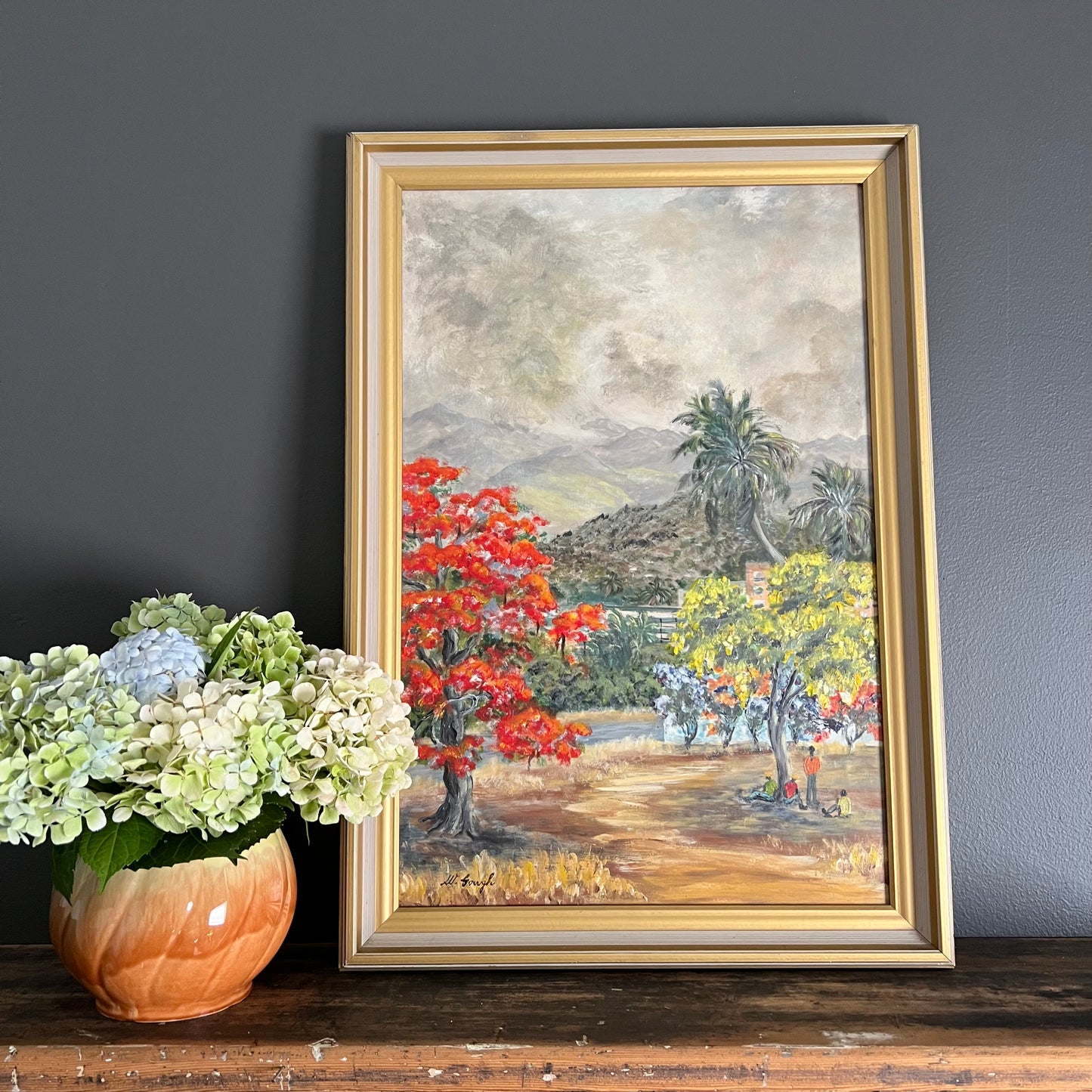 ON SALE was $95 Vintage Painting Tropical Landscape Mid Century Village and Trees