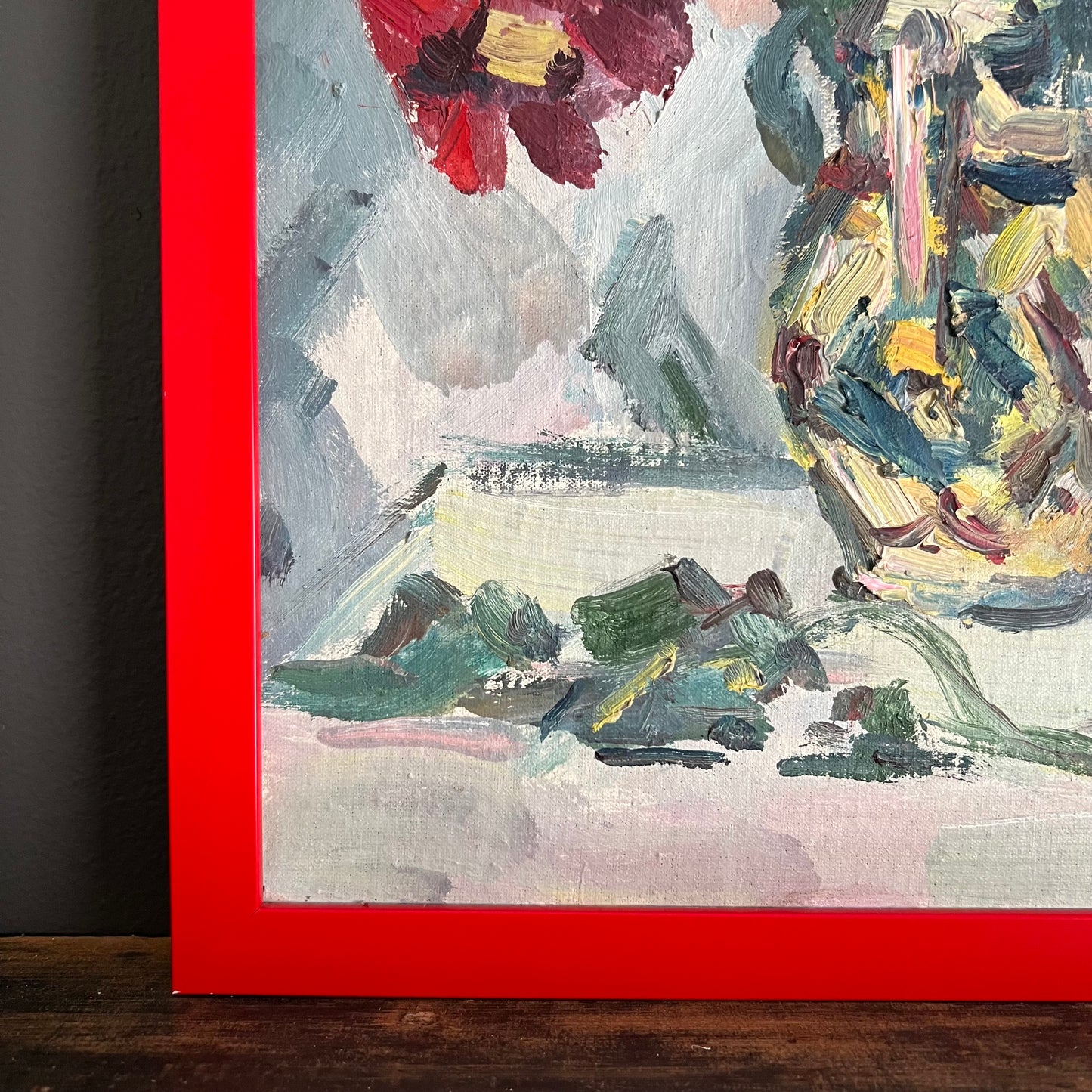 Vintage Painting Still Life Dahlia Flowers and Wine Bottle with Glass
