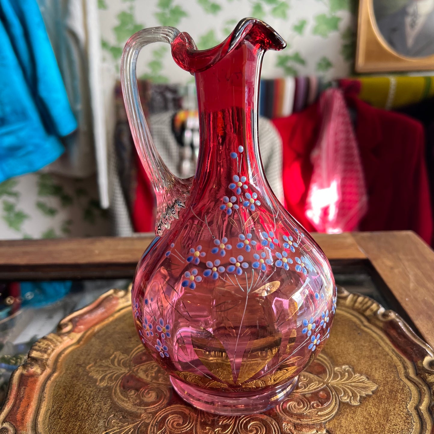 Antique Cranberry Glass Pitcher with Handpainted Daisies
