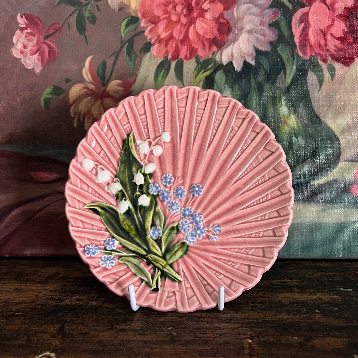 Vintage Majolica Plate Pink with Hand Painted Lily of the Valley by Marie Louise Germany