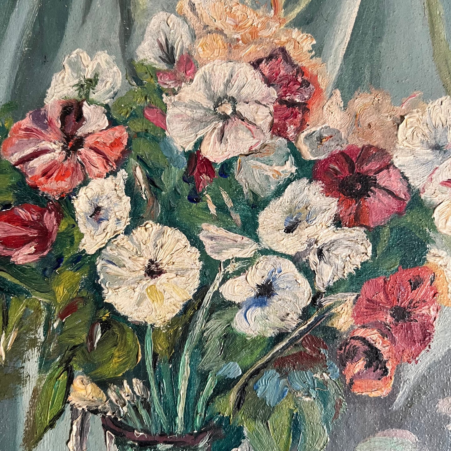 Vintage Oil Painting Still Life Blooms in Vase