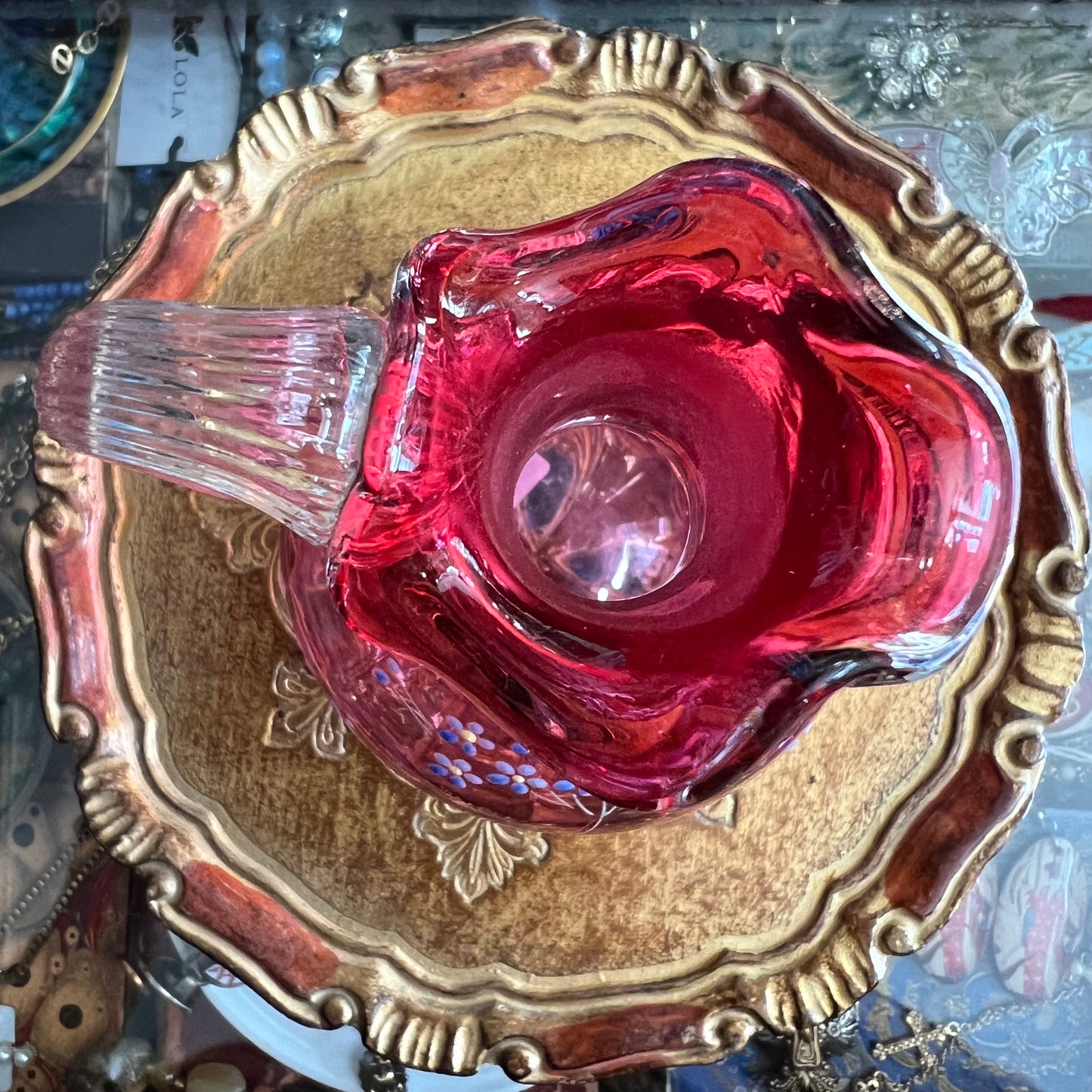 Antique Cranberry Glass Pitcher with Handpainted Daisies
