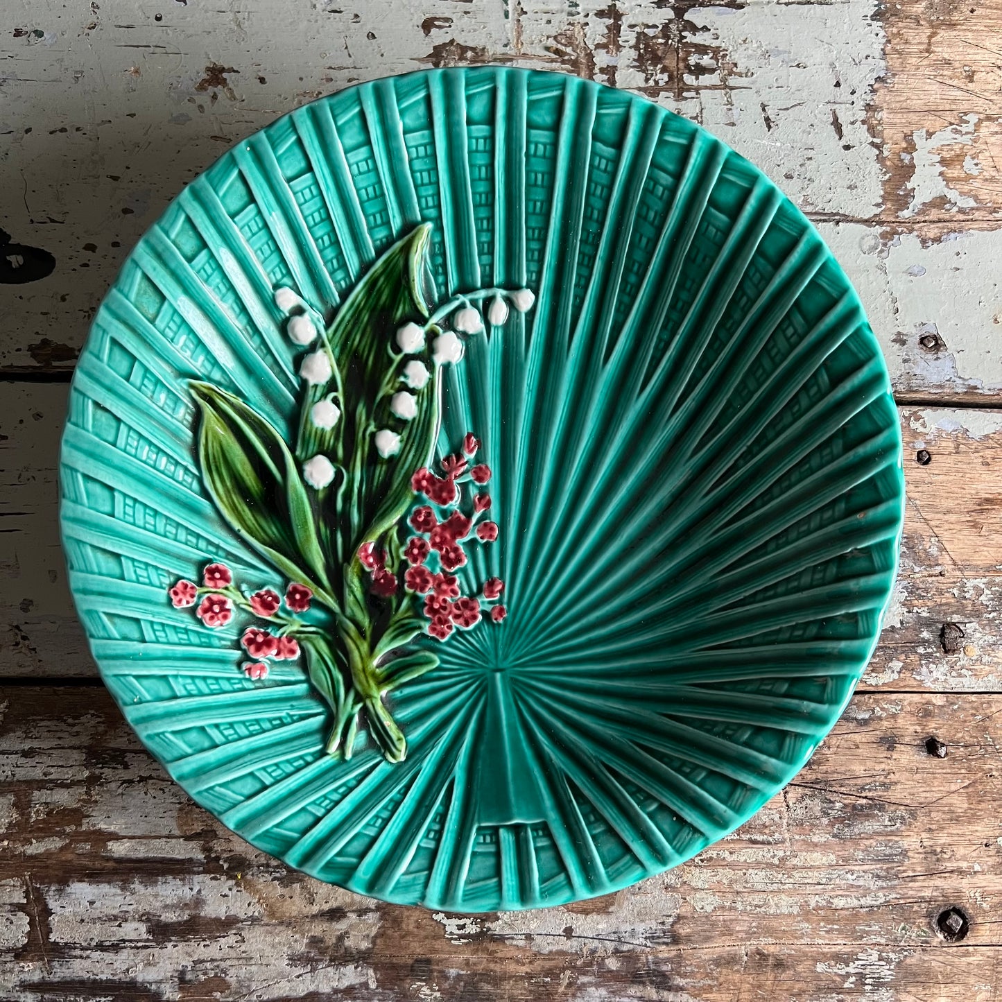 Vintage Majolica Green Bowl Dish Hand Painted Lily of the Valley by Marie Louise Germany