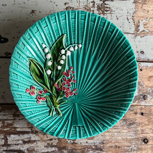 Vintage Majolica Green Bowl Dish Hand Painted Lily of the Valley by Marie Louise Germany