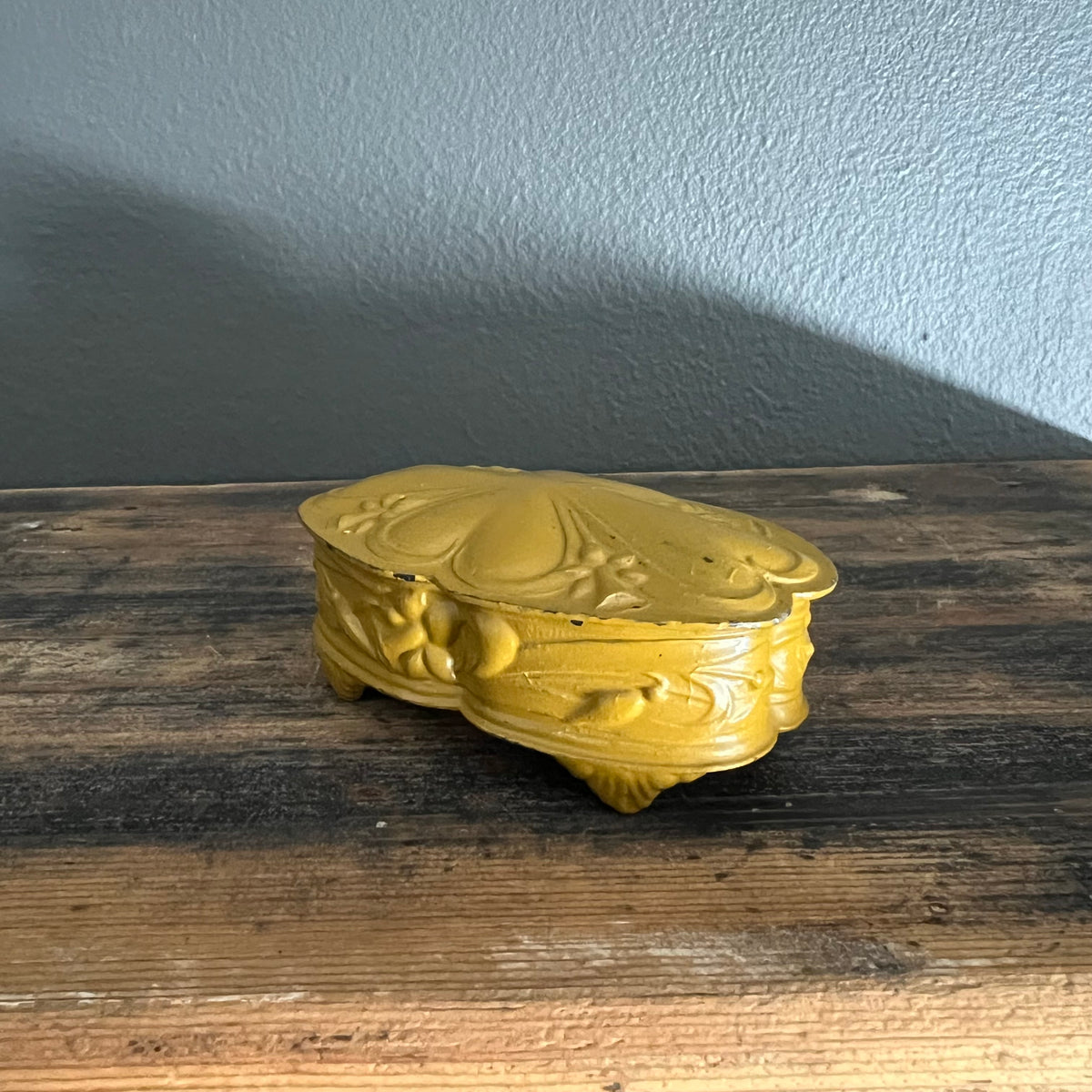 Antique Metal Trinket Jewellery Box Daffodils and Hearts England