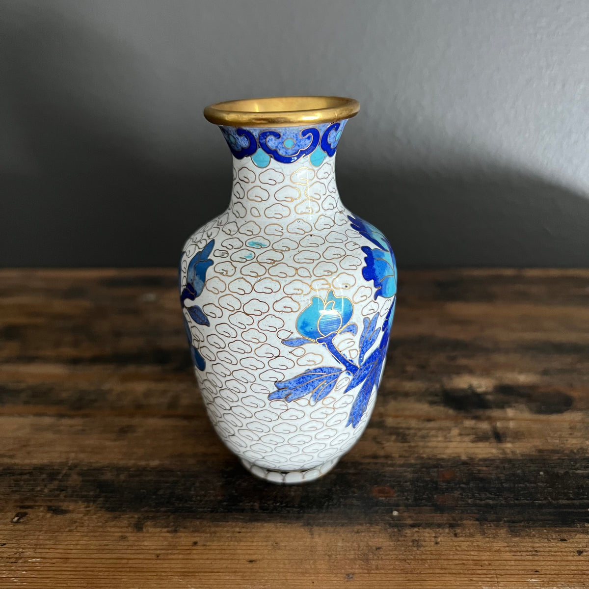 Vintage Cloisonné Vase Blue and White Florals and Bird
