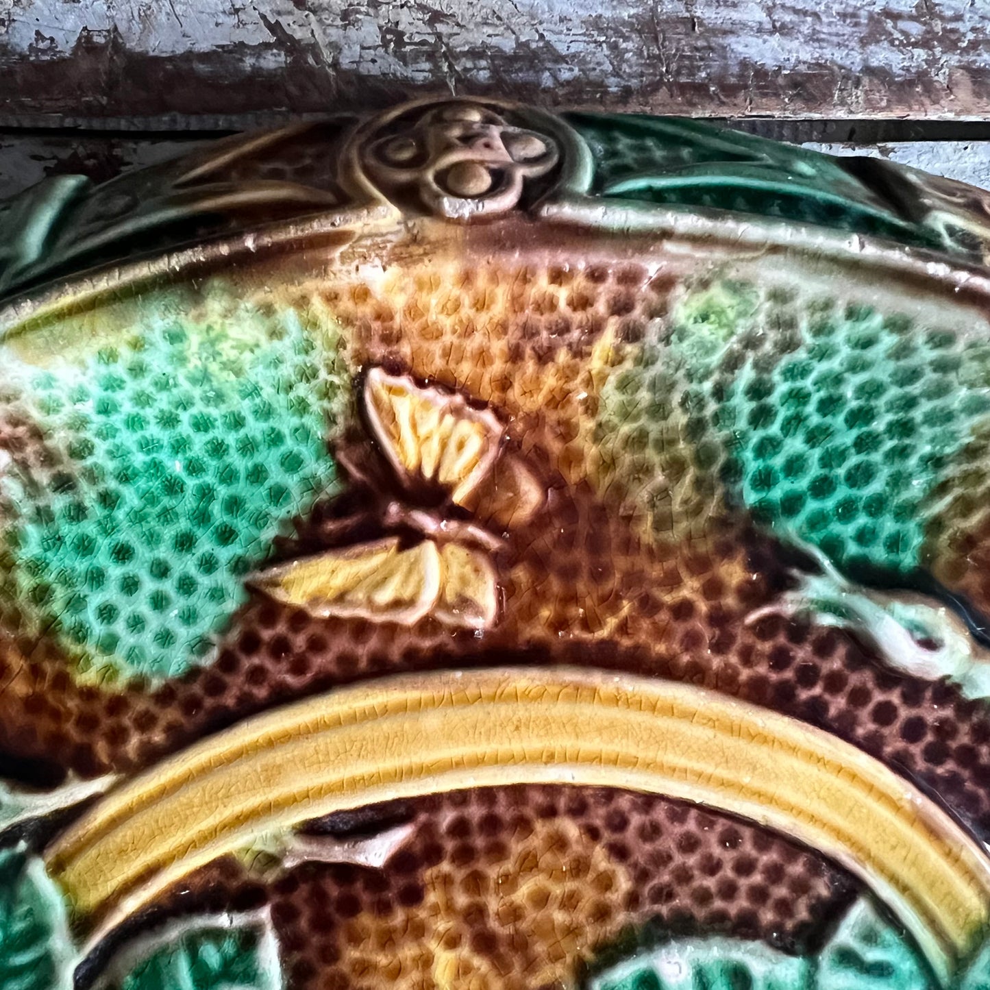 Rare Antique Majolica Bread Plate Dish Waste Not Want Not