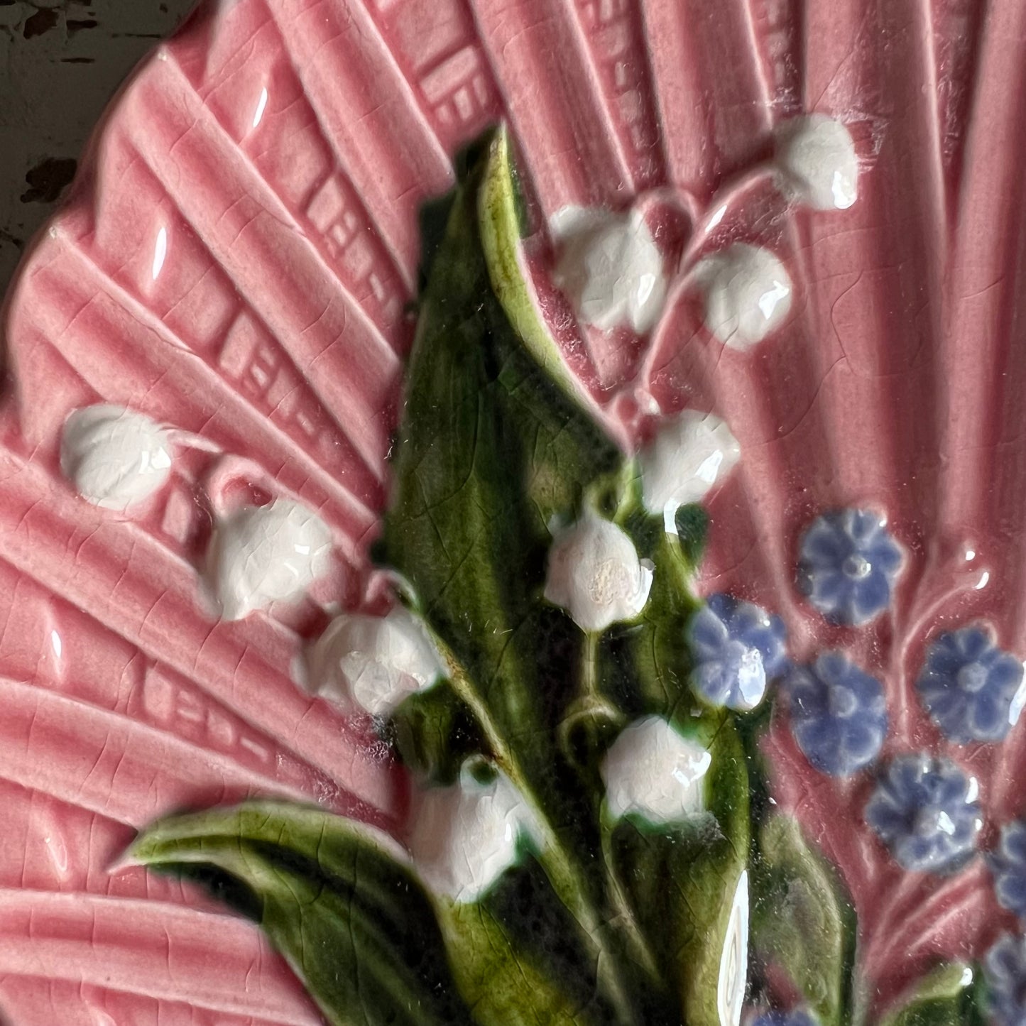 Vintage Majolica Plate Pink with Hand Painted Lily of the Valley by Marie Louise Germany