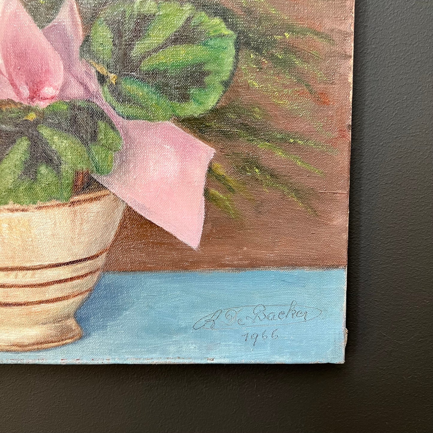 Vintage Oil Painting Plants in Pot with Pink Bow Dutch 1960's