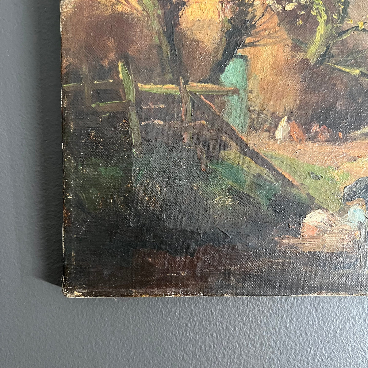 Vintage Original Oil Painting Landscape Farmhouse with Stream Dutch