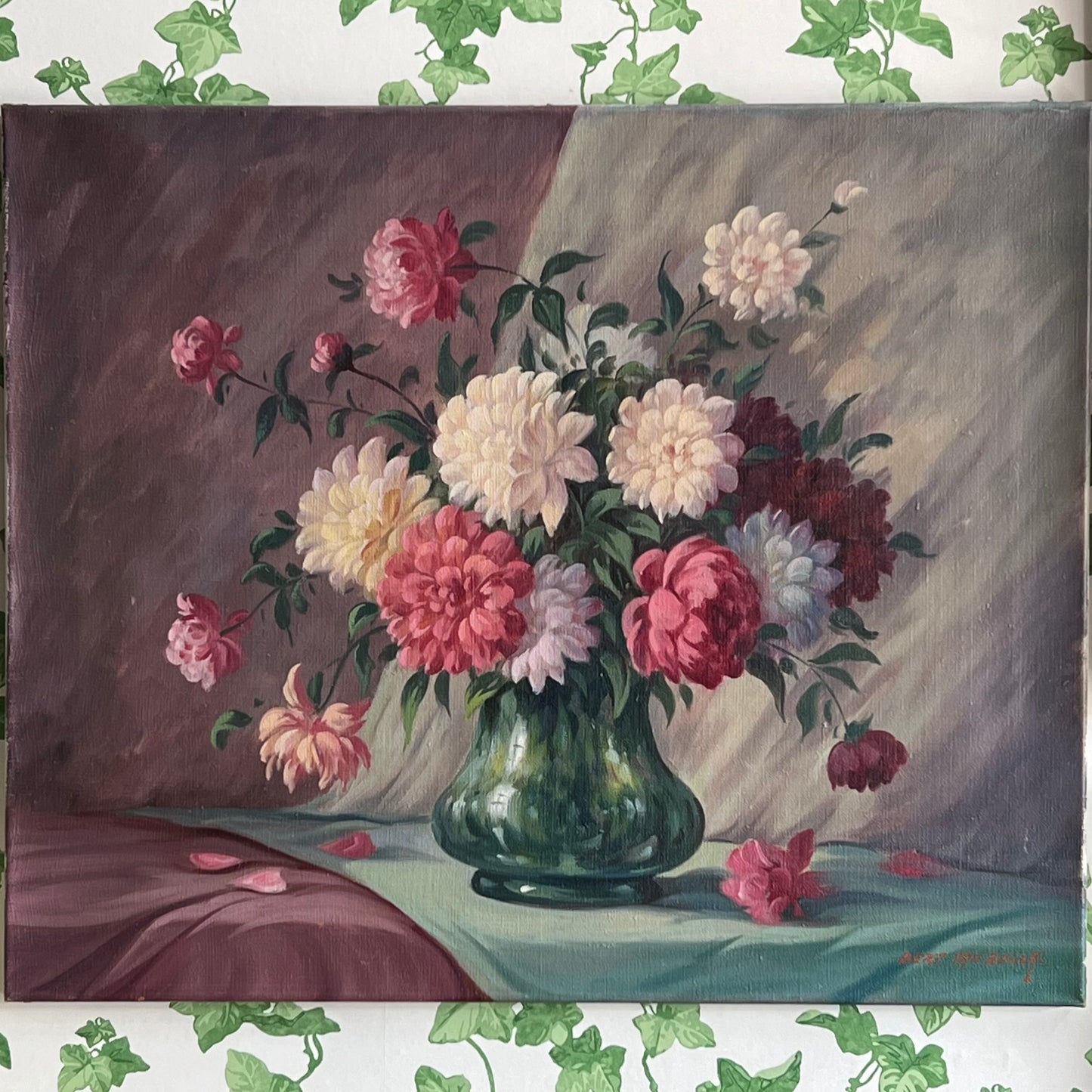 Vintage Oil Painting Dutch Still Life Pretty Peonies & Dahlias
