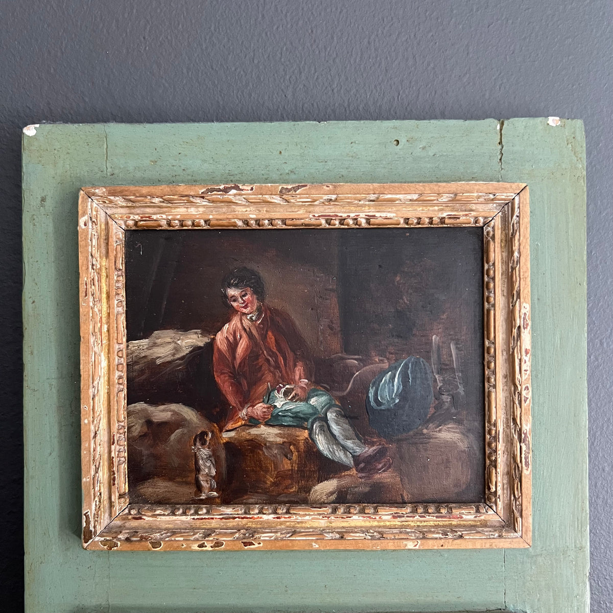 Antique French Trumeau Mirror and Painting 1800’s Boy and Dog