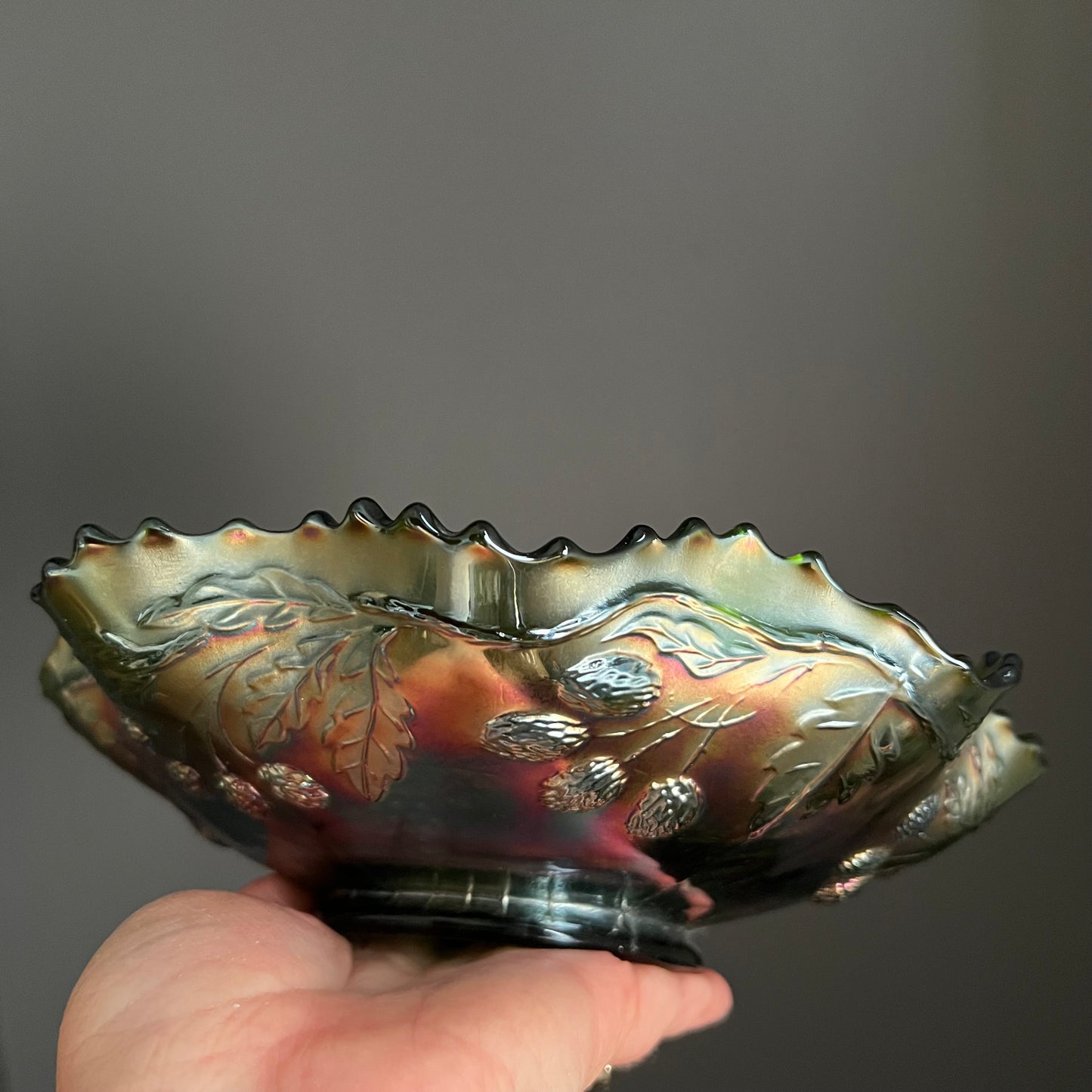 Vintage Fenton Carnival Glass Bowl Grapes & Peacocks