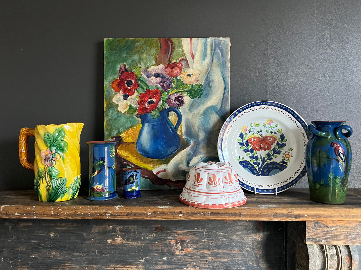 Vintage Majolica Style Pottery Jug Flowers & Leaves