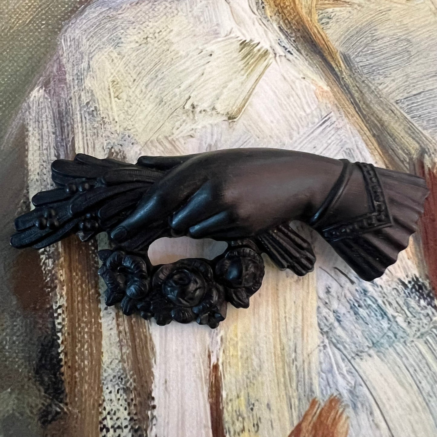 Antique Mourning Brooch Hand with Roses and Yew