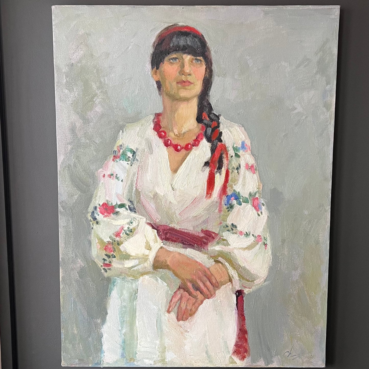 Vintage Oil Painting Portrait Woman wearing Red Beads