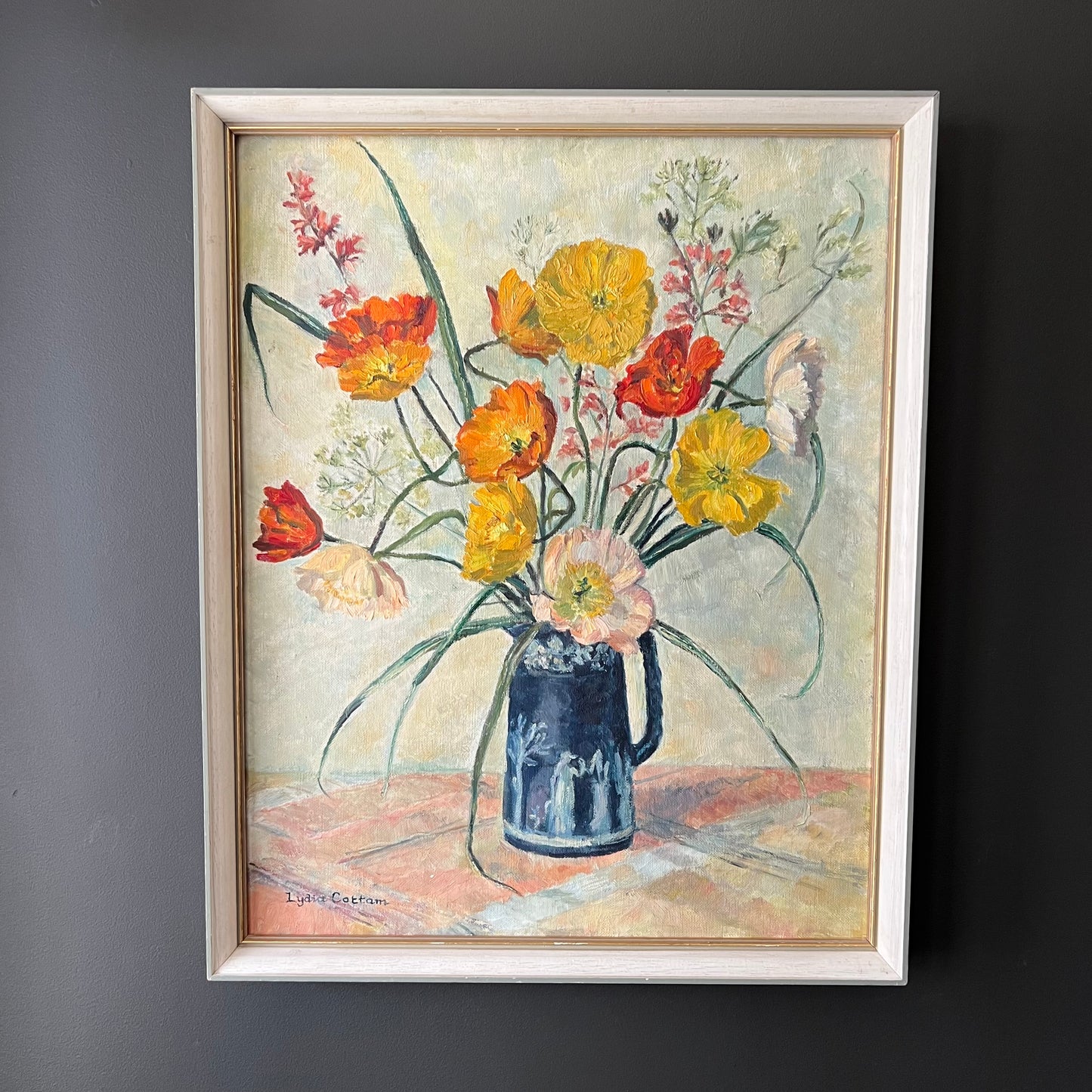 Vintage Oil Painting Still Life Pretty Poppies in Jug