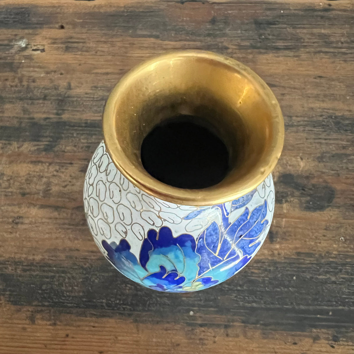 Vintage Cloisonné Vase Blue and White Florals and Bird