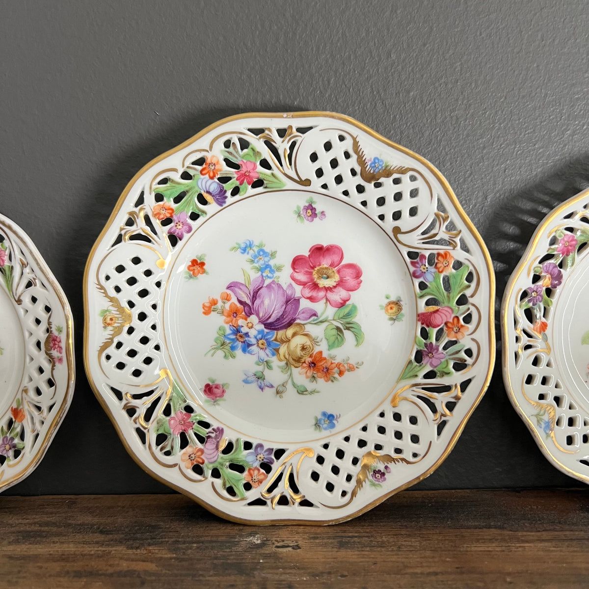 Vintage Hand Painted Porcelain Plates by Dresden Collection of 3