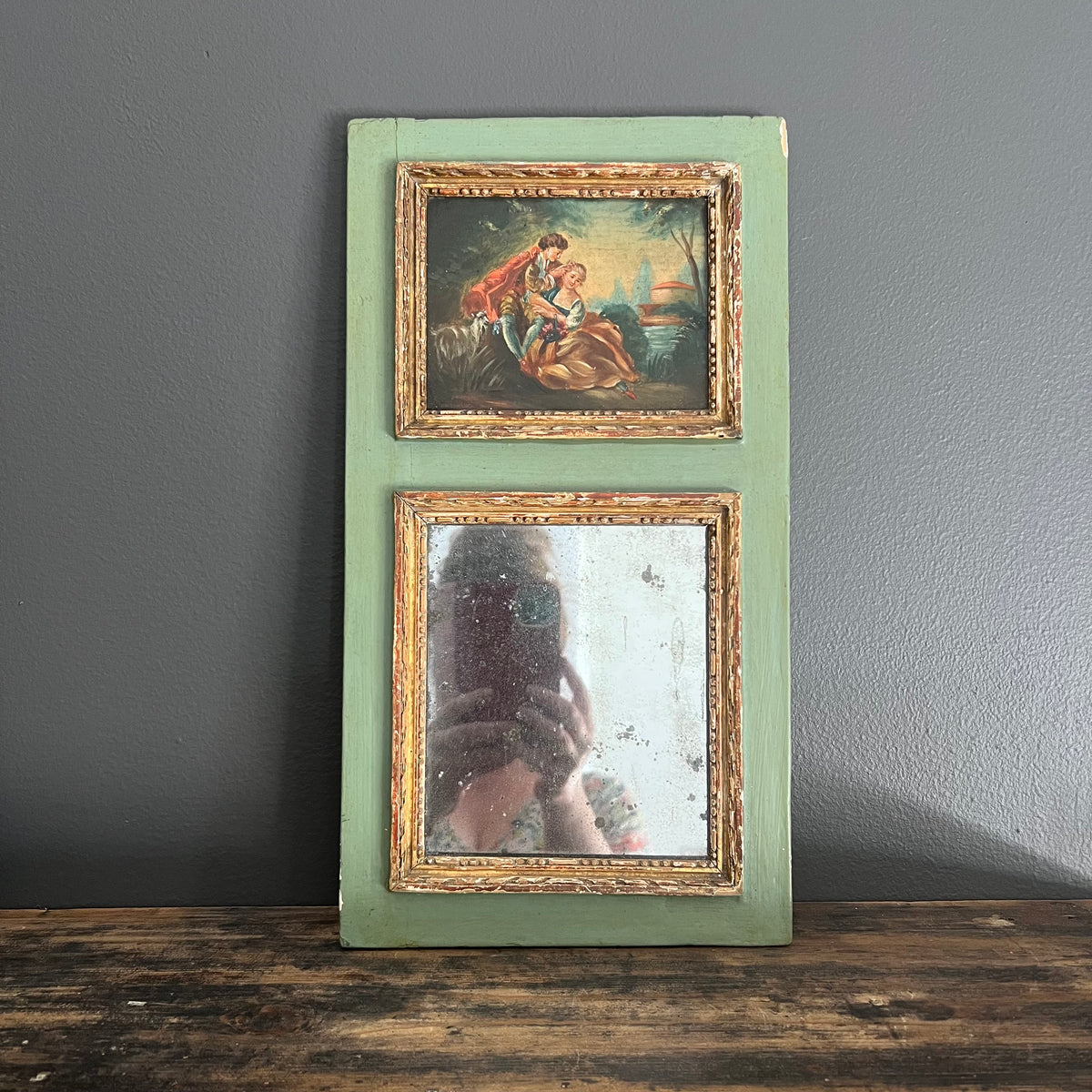 Antique French Trumeau Mirror and Painting 1800’s Courting Couple