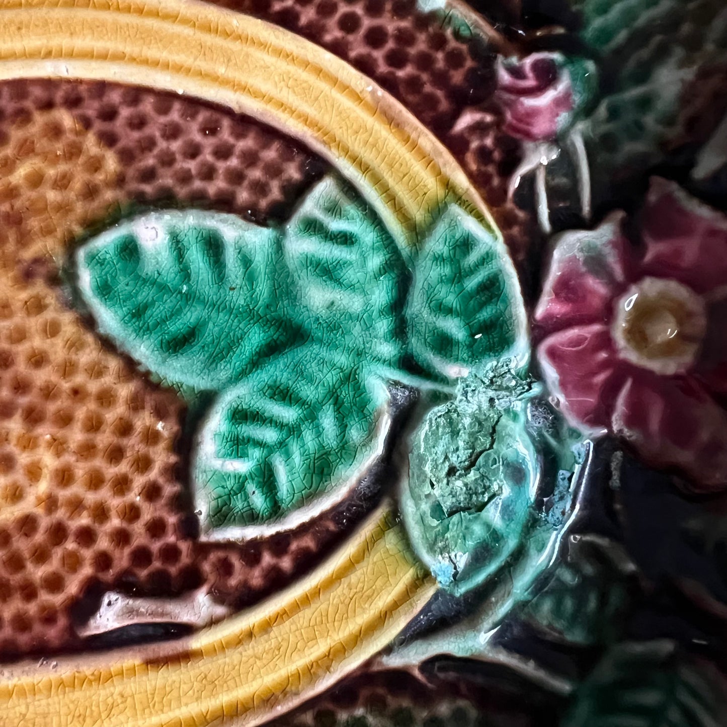 Rare Antique Majolica Bread Plate Dish Waste Not Want Not