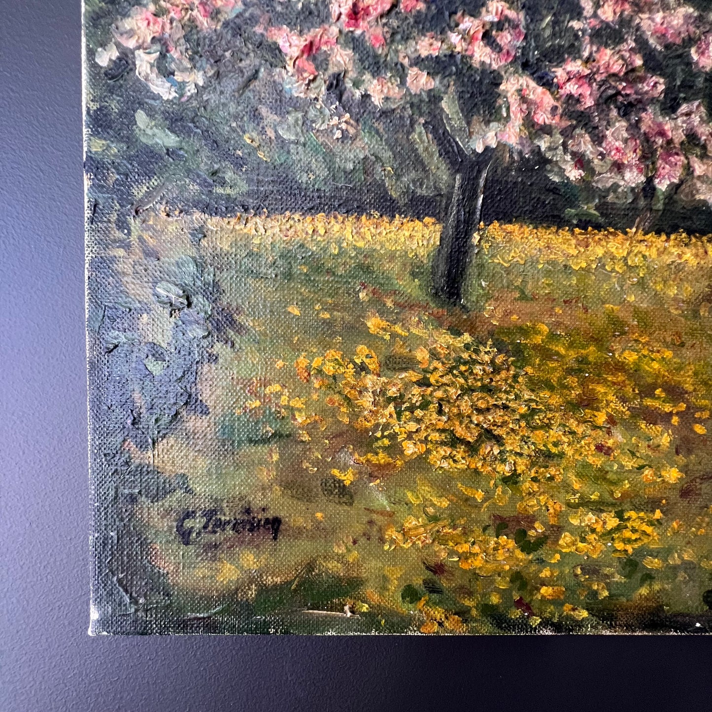 Vintage Oil Painting French Landscape The Pink Blossom Tree
