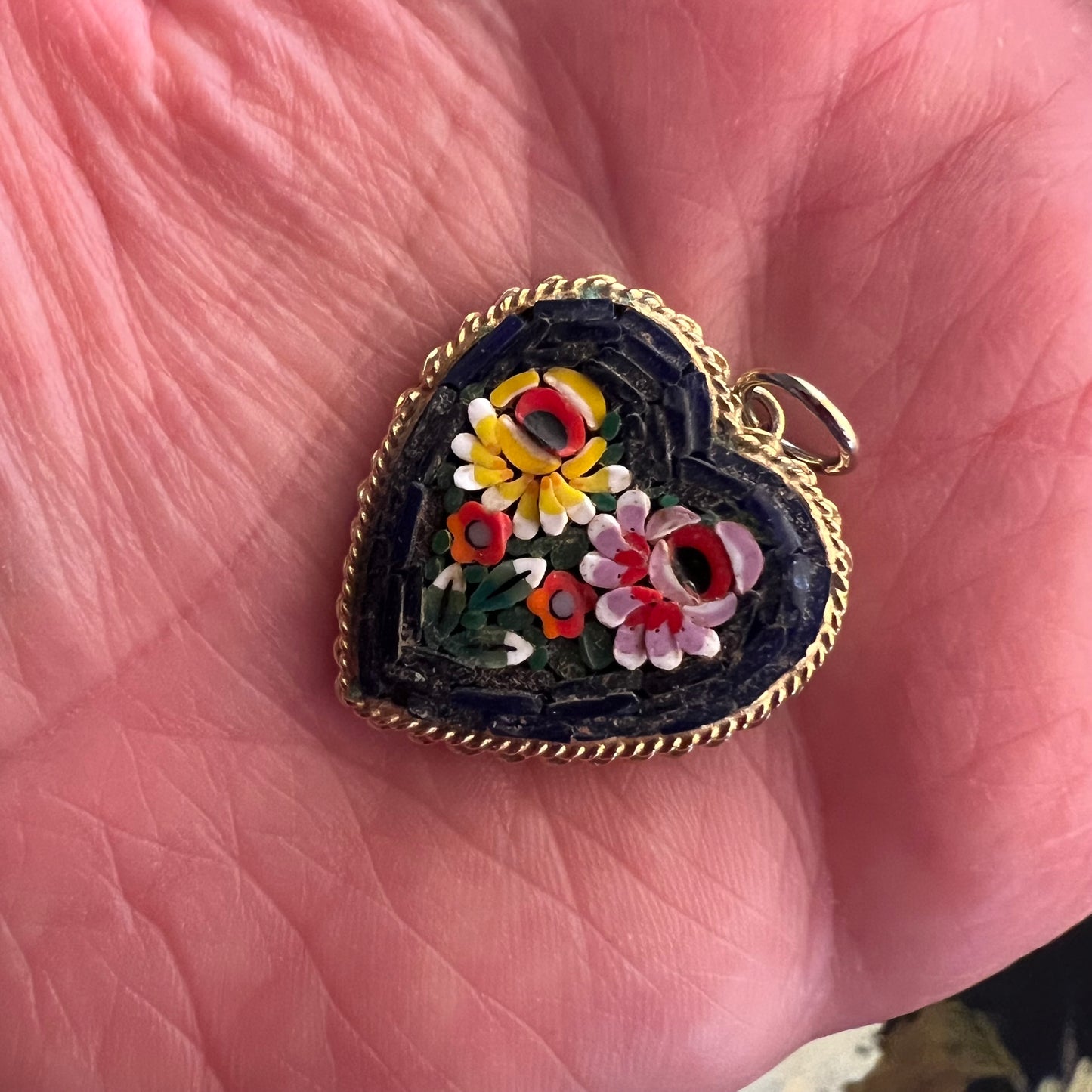 Vintage Micro Mosaic Heart Pendant Roses Italy