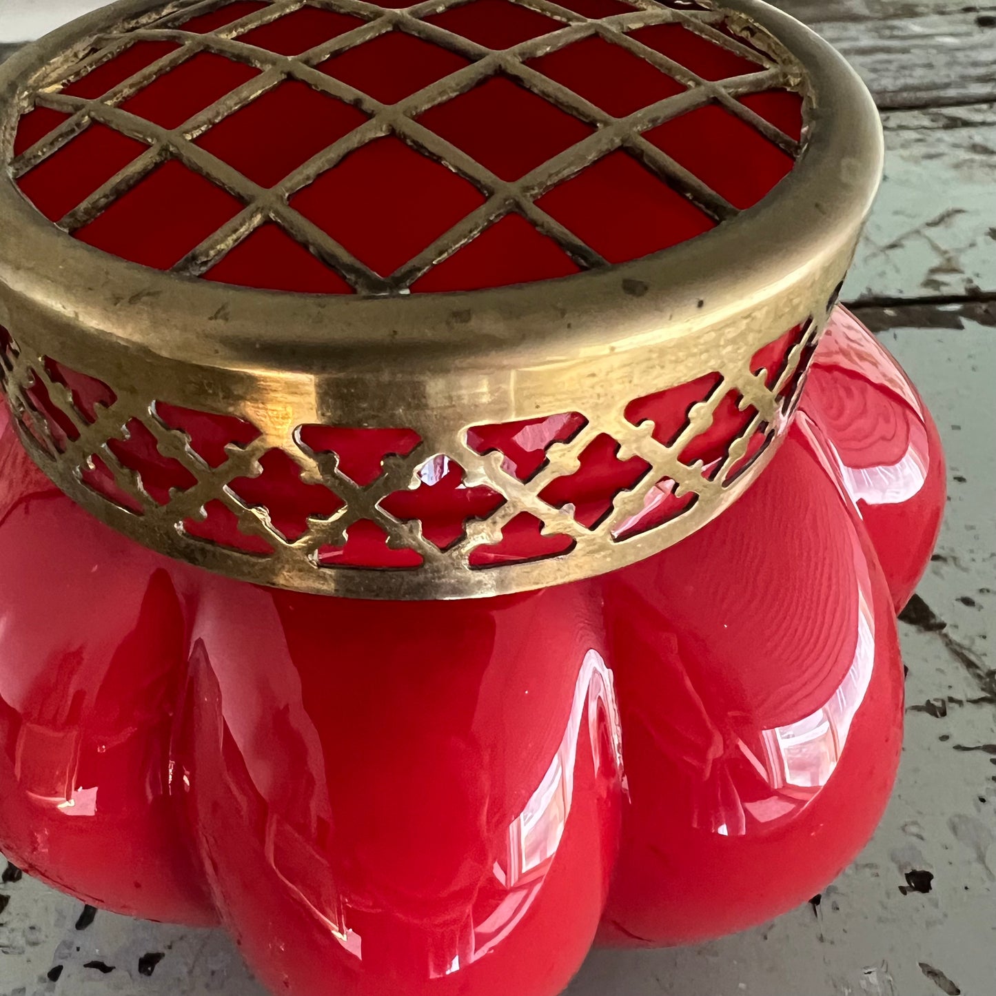 Vintage Art Deco Glass Vase with Brass Flower Stay